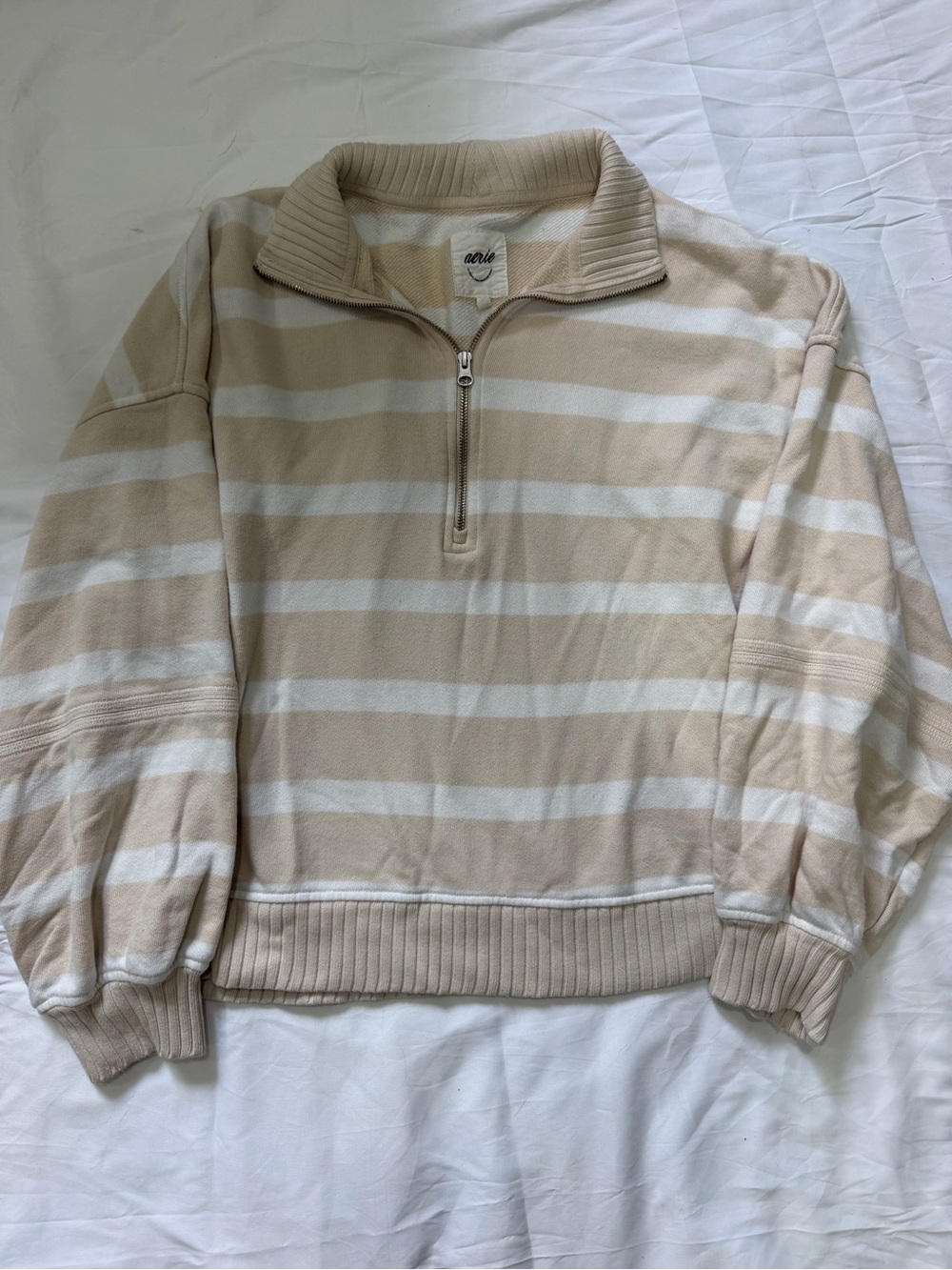 Aerie‎ Women’s Striped Half Zip Cozy Casual Sweater Large- Beige & White